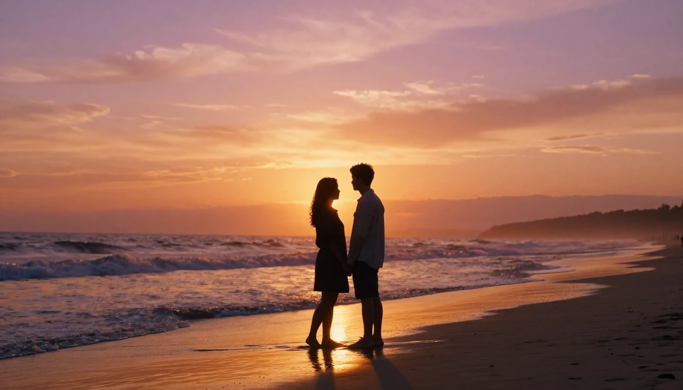 A cinematic, wide-angle shot of a couple silhouetted against...