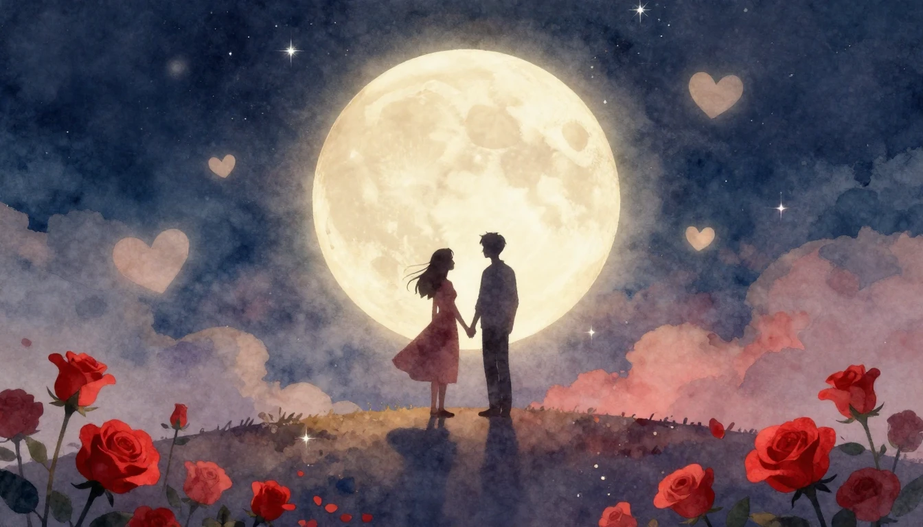 A romantic and dreamy watercolor illustration depicting a si...