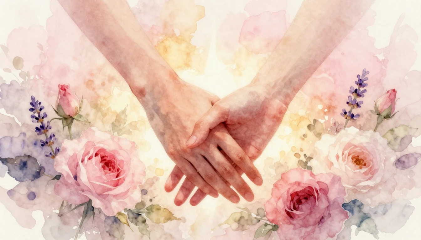 A delicate watercolor painting of two intertwined hands, sym...
