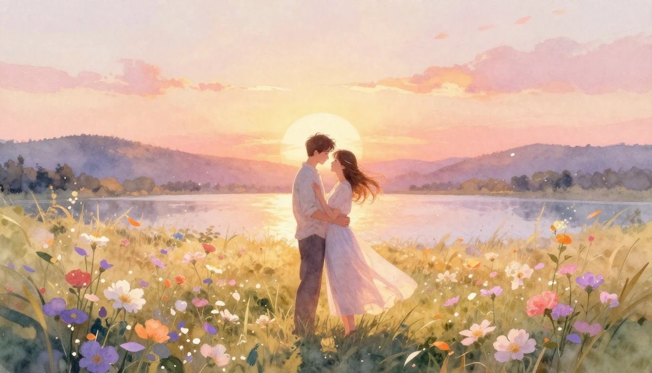 A romantic watercolor painting of a couple standing in a lus...