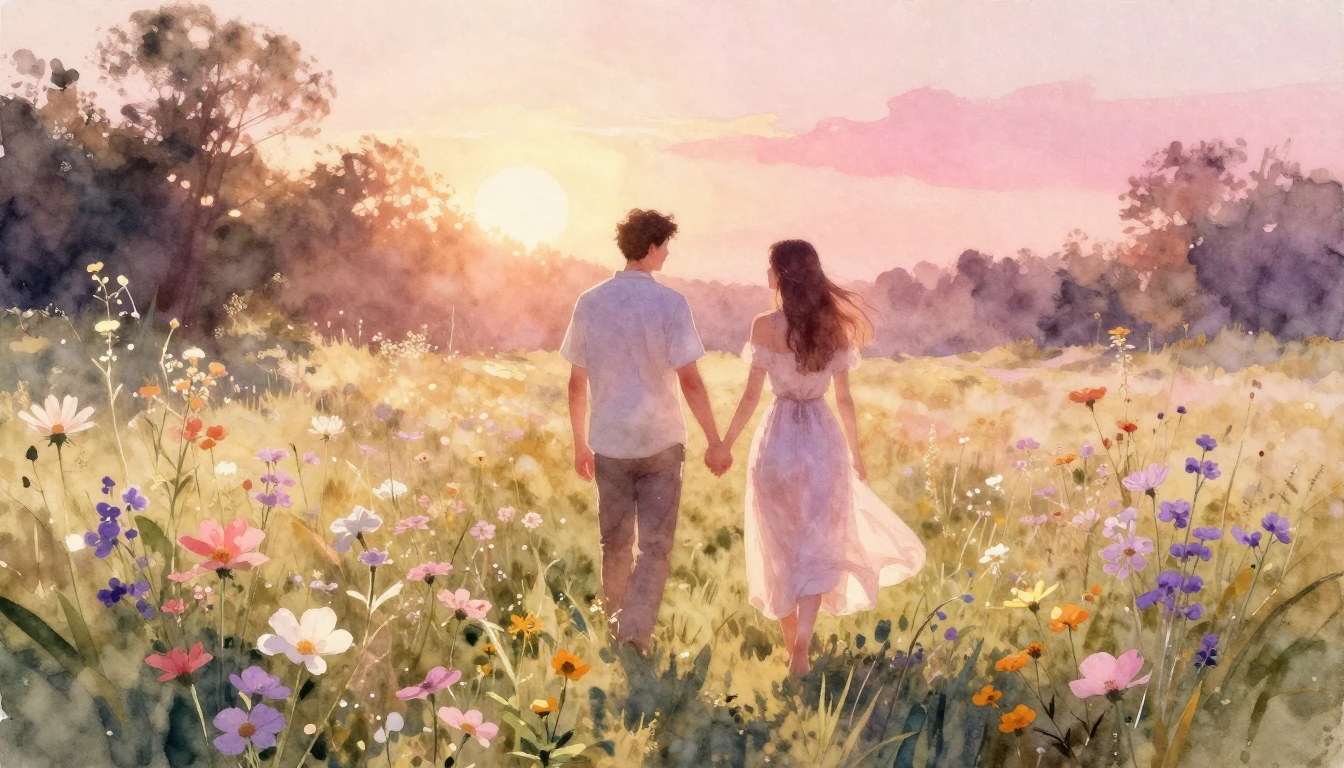 A dreamy and romantic watercolor painting of a couple holdin...