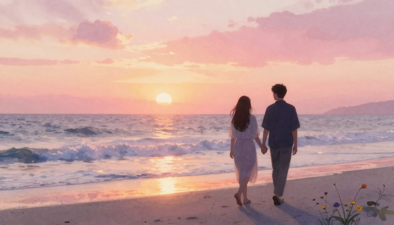 A romantic and cozy scene of two silhouetted figures walking...