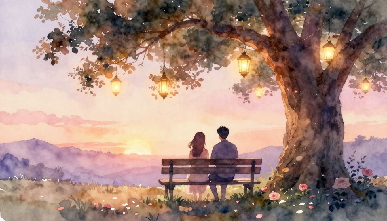 A beautiful watercolor painting depicting a serene and roman...