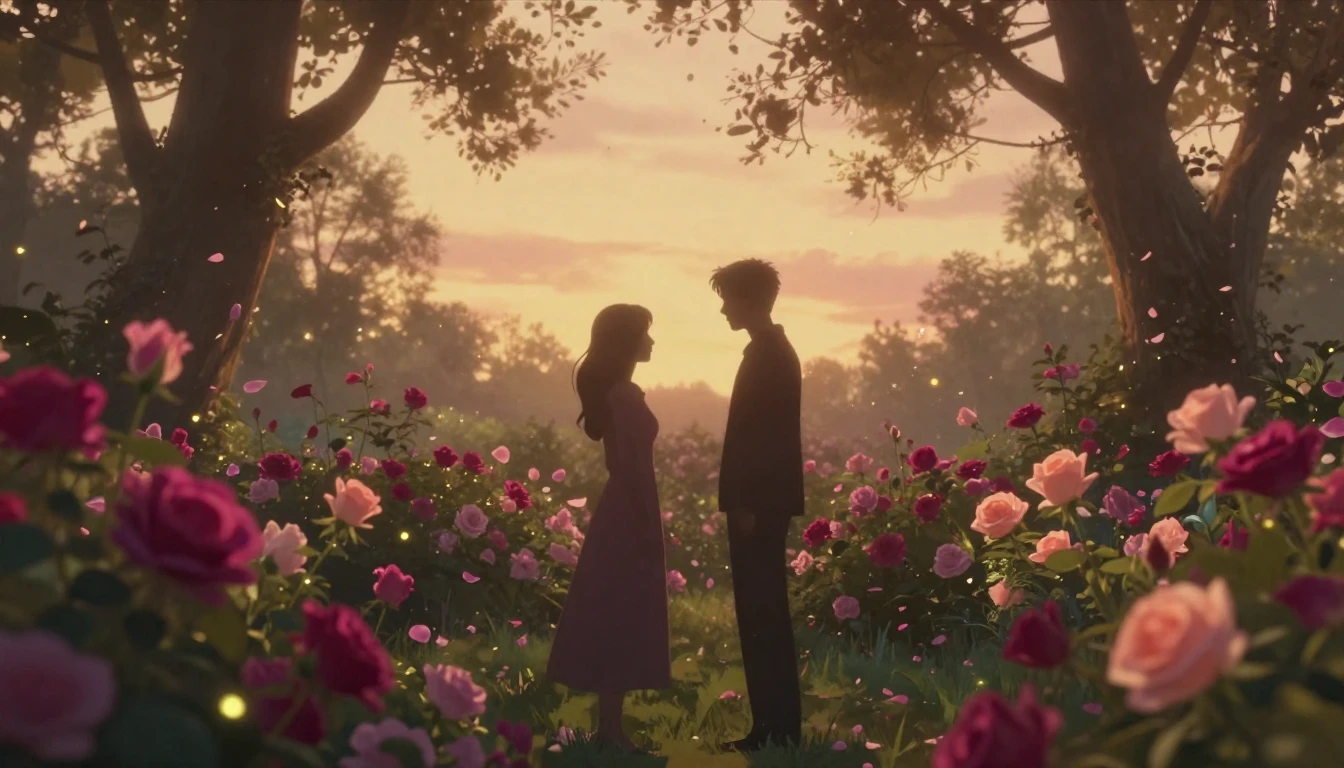 A romantic and ethereal scene of two silhouettes standing in...