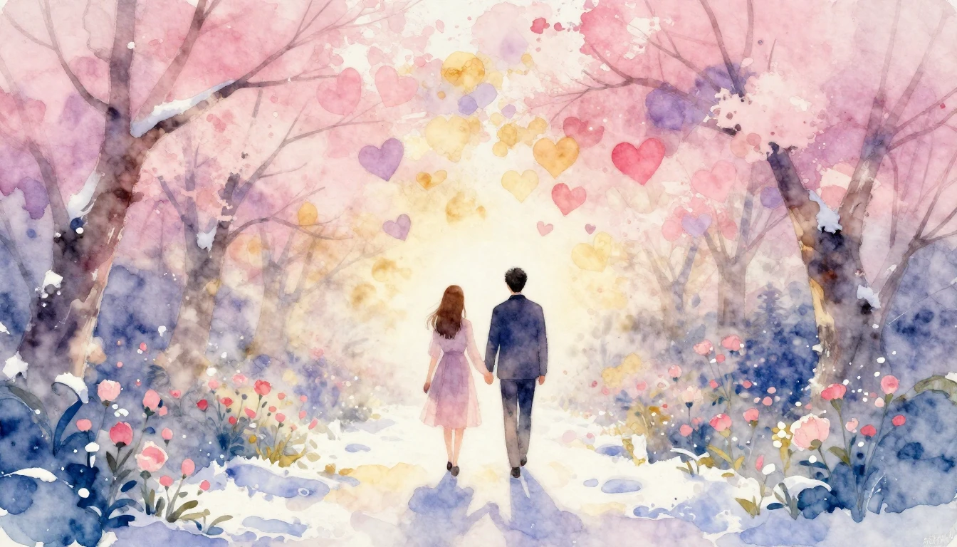 A romantic watercolor painting depicting a couple holding ha...