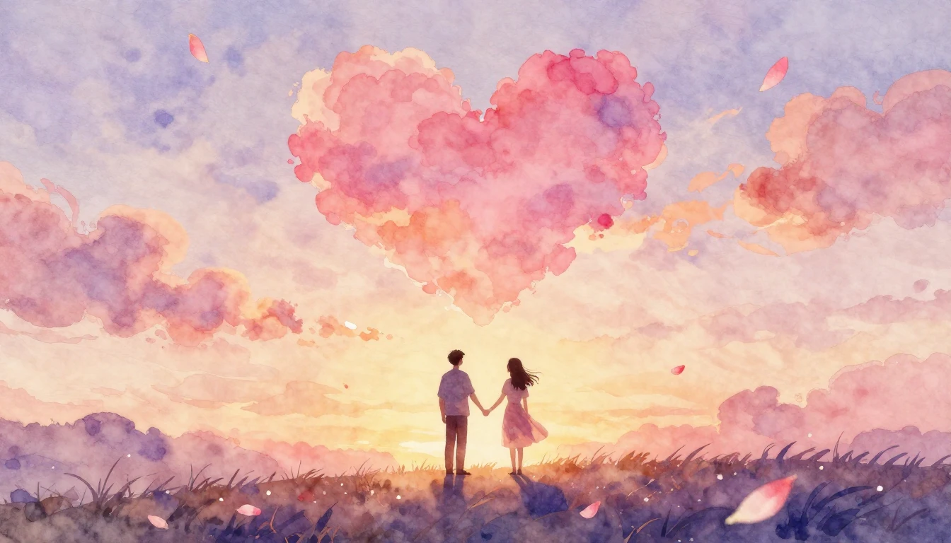 A soft and dreamy watercolor painting depicting two silhouet...