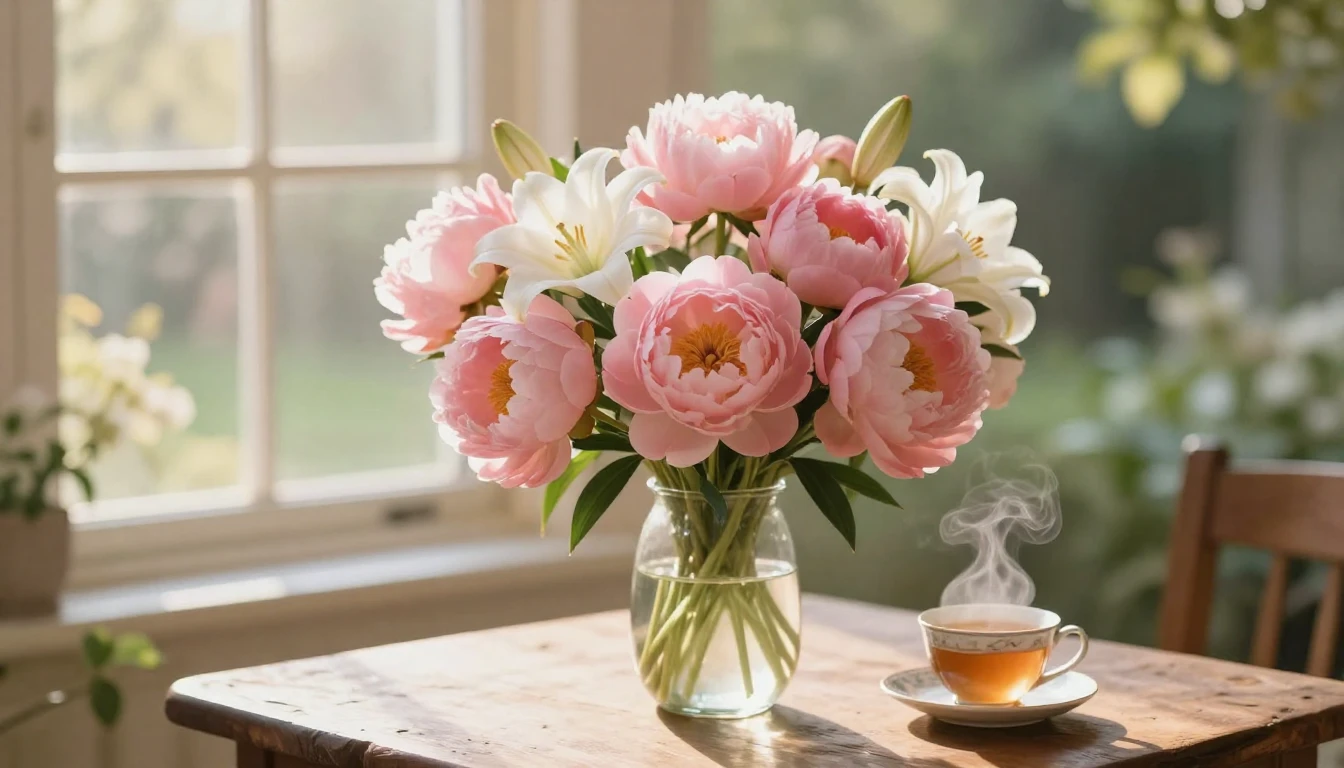 A beautiful and serene scene featuring a large, lush bouquet...