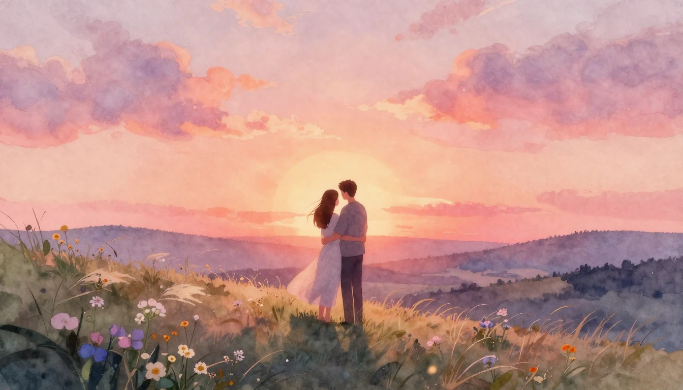 A romantic and ethereal watercolor illustration of a couple ...