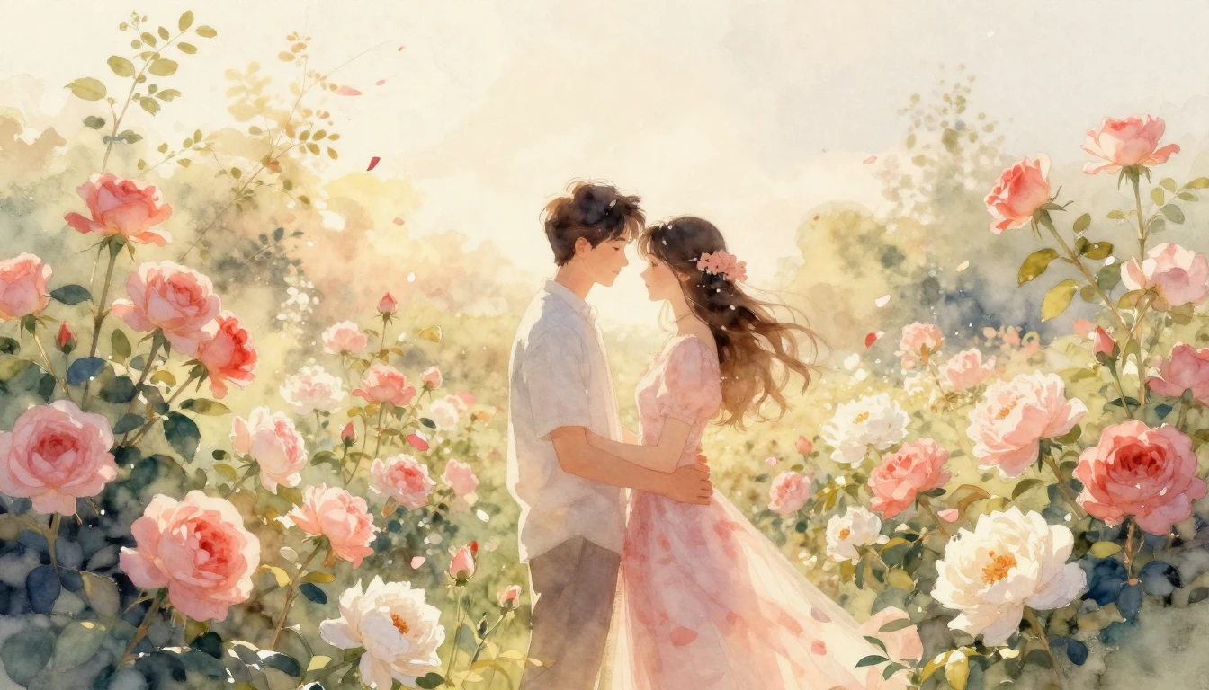 A romantic and soft watercolor painting depicting a couple s...