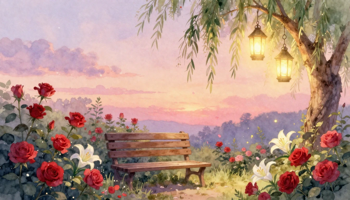 A dreamy and romantic watercolor painting depicting a serene...