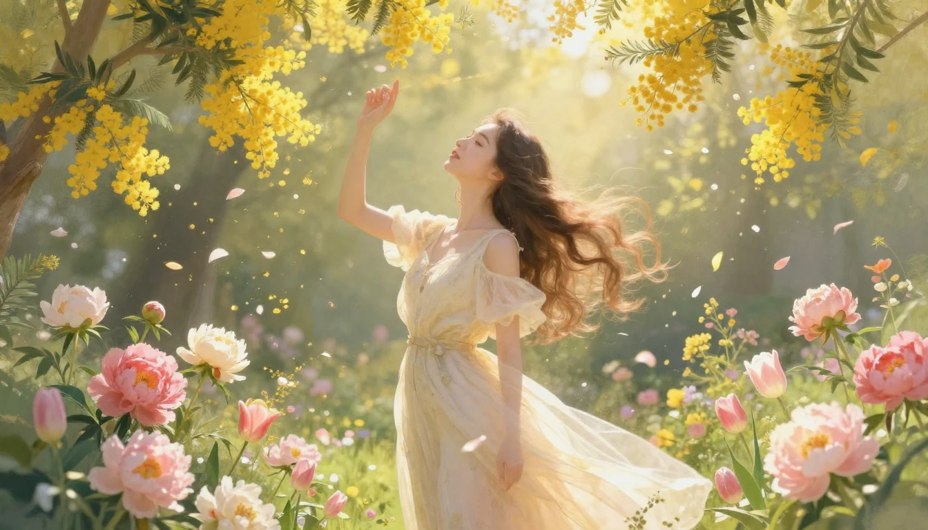 A beautiful, ethereal scene of a woman standing in a lush ga...