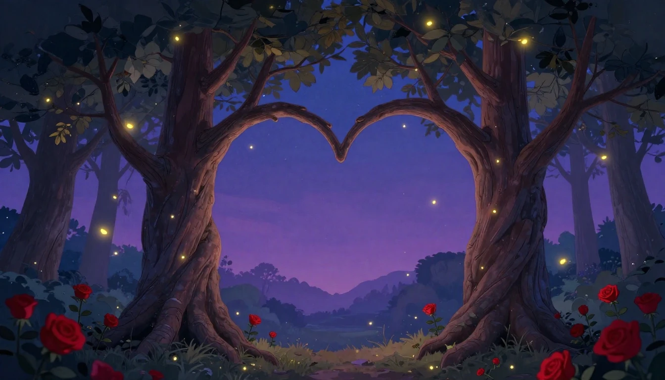 A romantic and whimsical illustration featuring two intertwi...