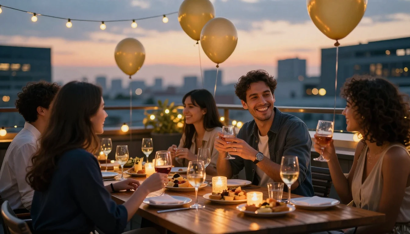 A warm and celebratory scene on a stylish rooftop terrace du...