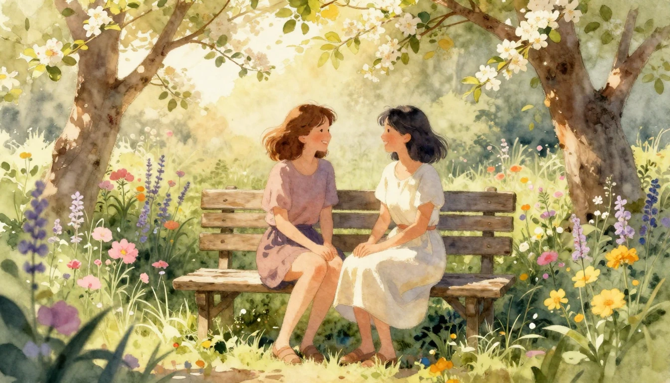 A heartwarming watercolor painting of two close friends sitt...