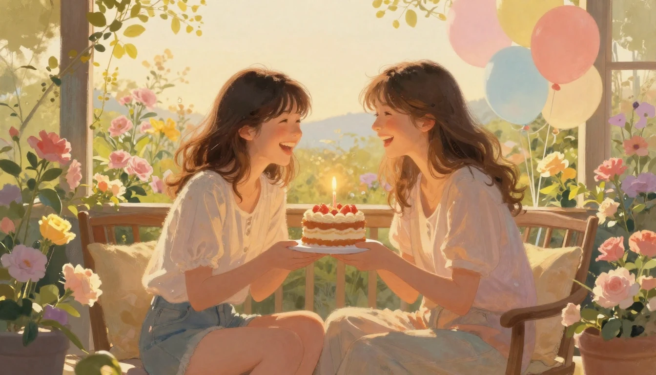 Two best friends sitting together on a cozy, sun-drenched te...