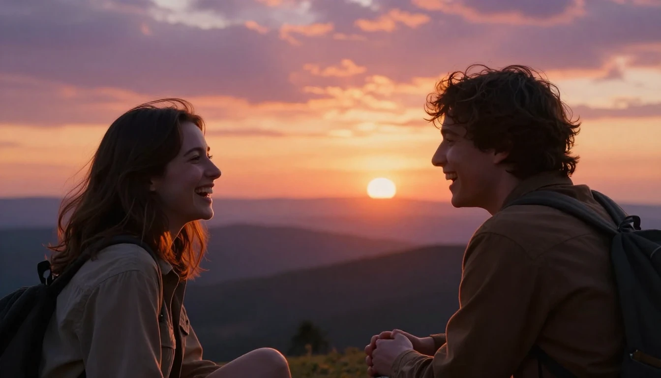 A cinematic shot of two close friends enjoying a beautiful m...