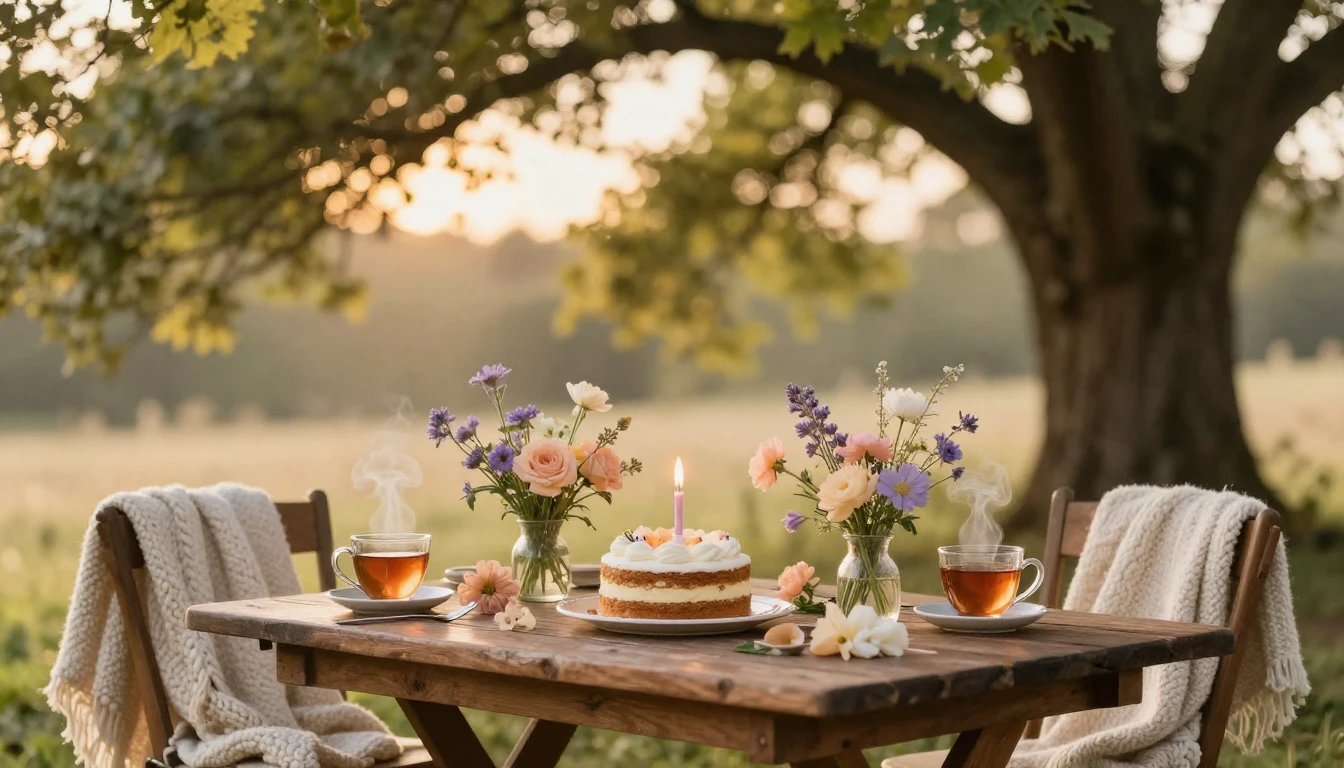 A warm and inviting scene of a golden hour outdoor celebrati...