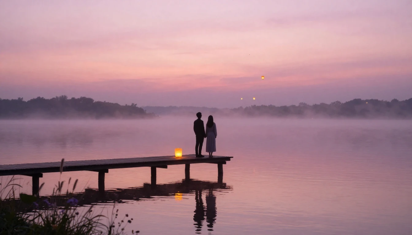 A romantic and ethereal scene featuring two silhouettes of a...