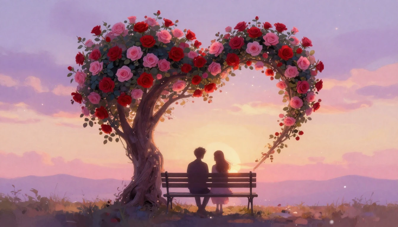 A dreamy and romantic scene featuring a silhouette of a coup...