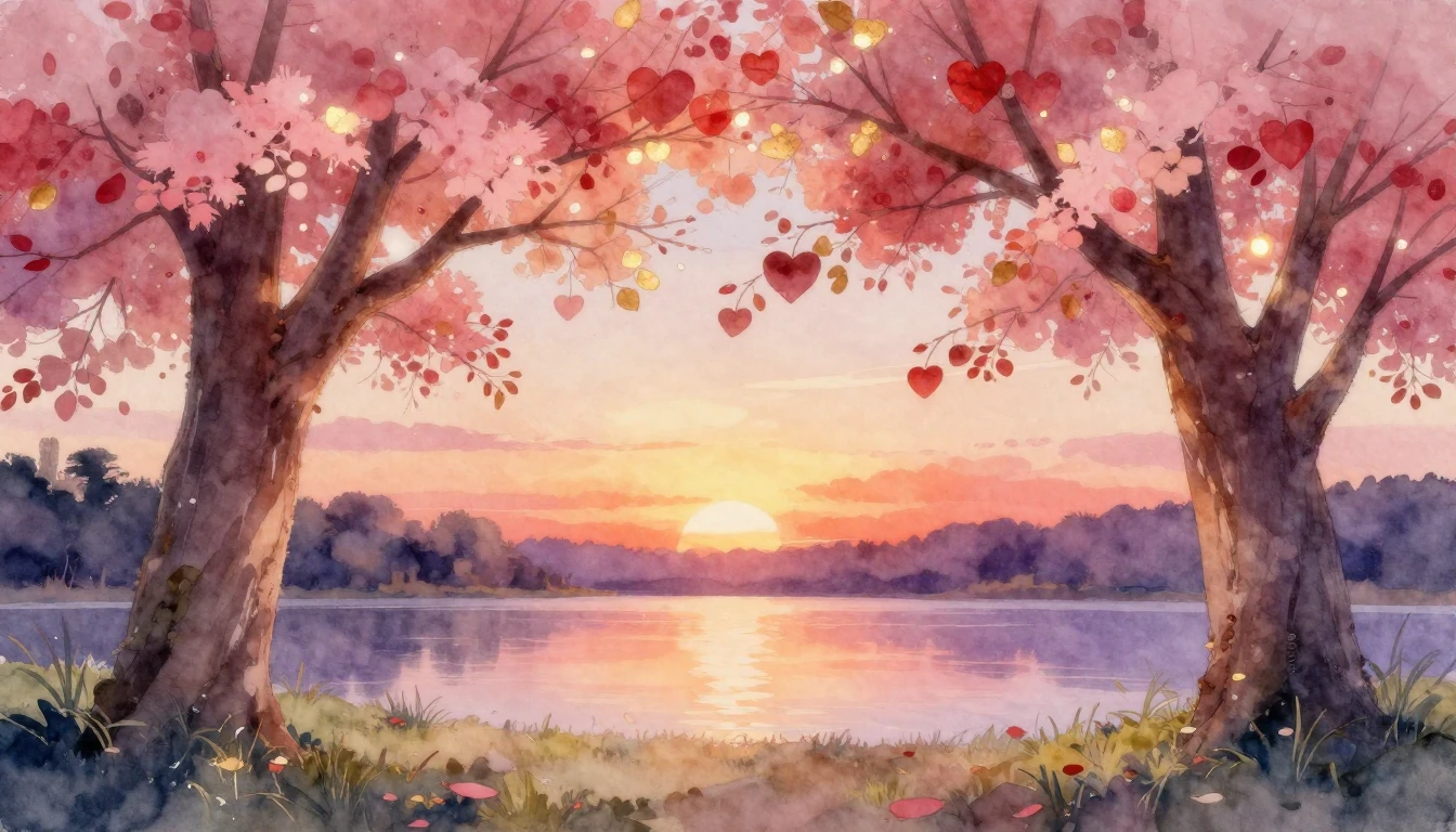 A romantic watercolor painting showing two large trees with ...