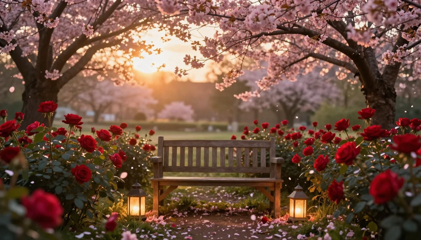 A dreamy and romantic garden scene during the golden hour of...