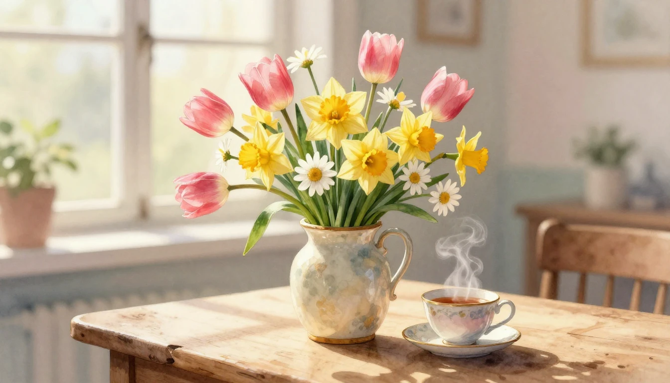 A soft and gentle watercolor painting depicting a lush bouqu...