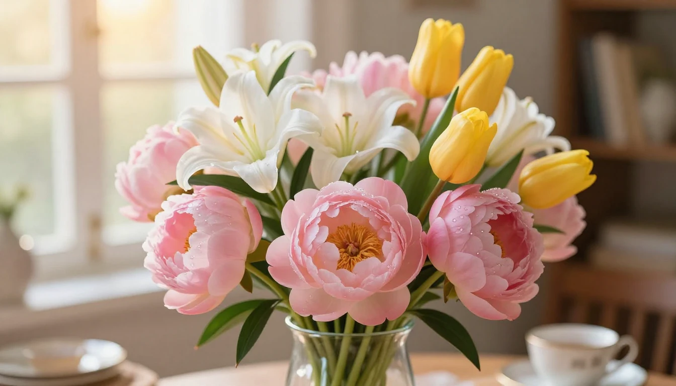 A beautiful and vibrant bouquet of spring flowers including ...