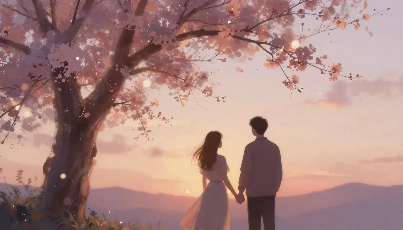 A romantic and ethereal scene depicting two silhouettes of a...