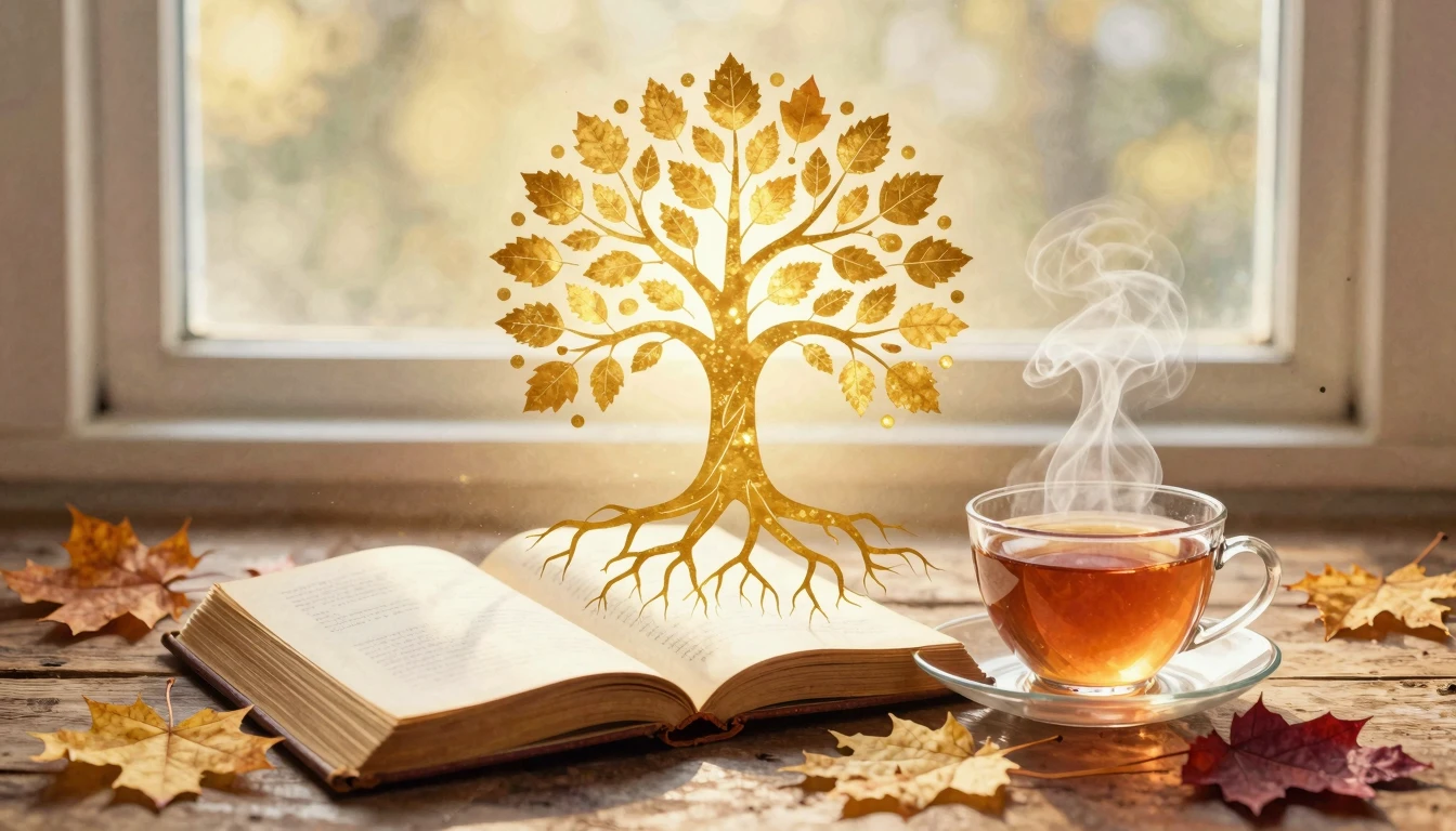 A beautiful, stylized golden tree of life with glowing leave...
