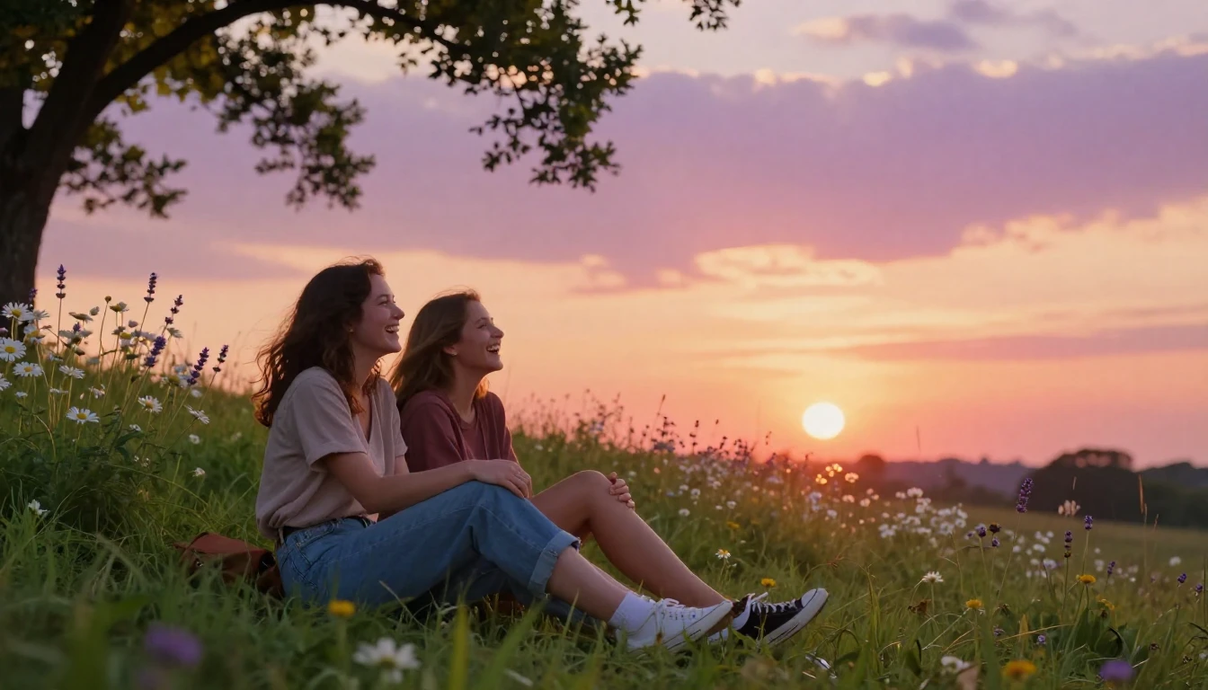 A warm and heartwarming scene of two best friends sitting on...