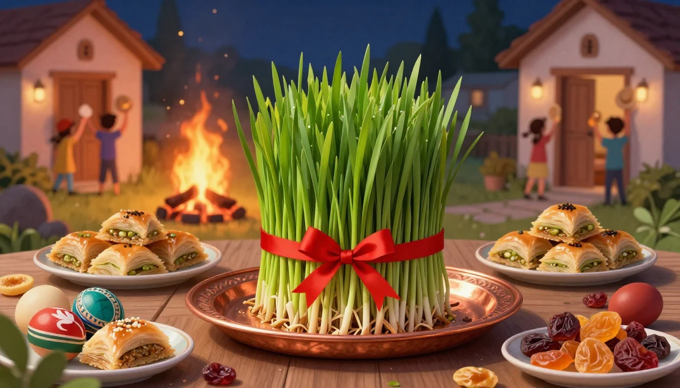 A vibrant and warm illustration celebrating the Novruz holid...