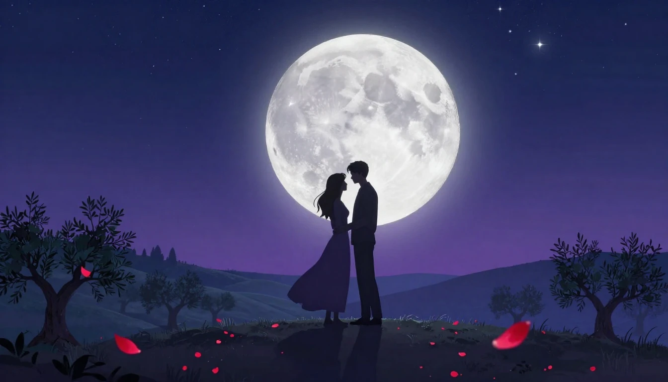 A romantic and dreamy illustration depicting a couple standi...