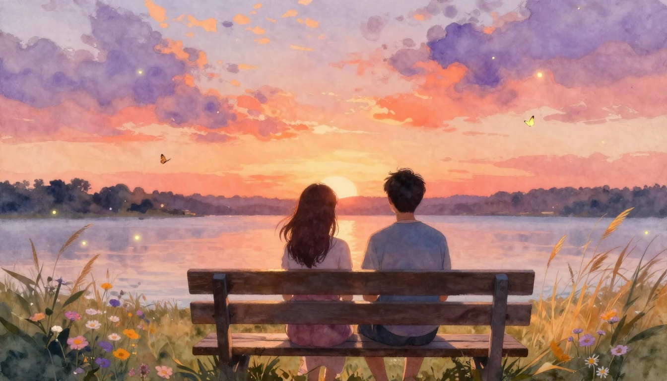A dreamy watercolor painting of two close friends sitting si...