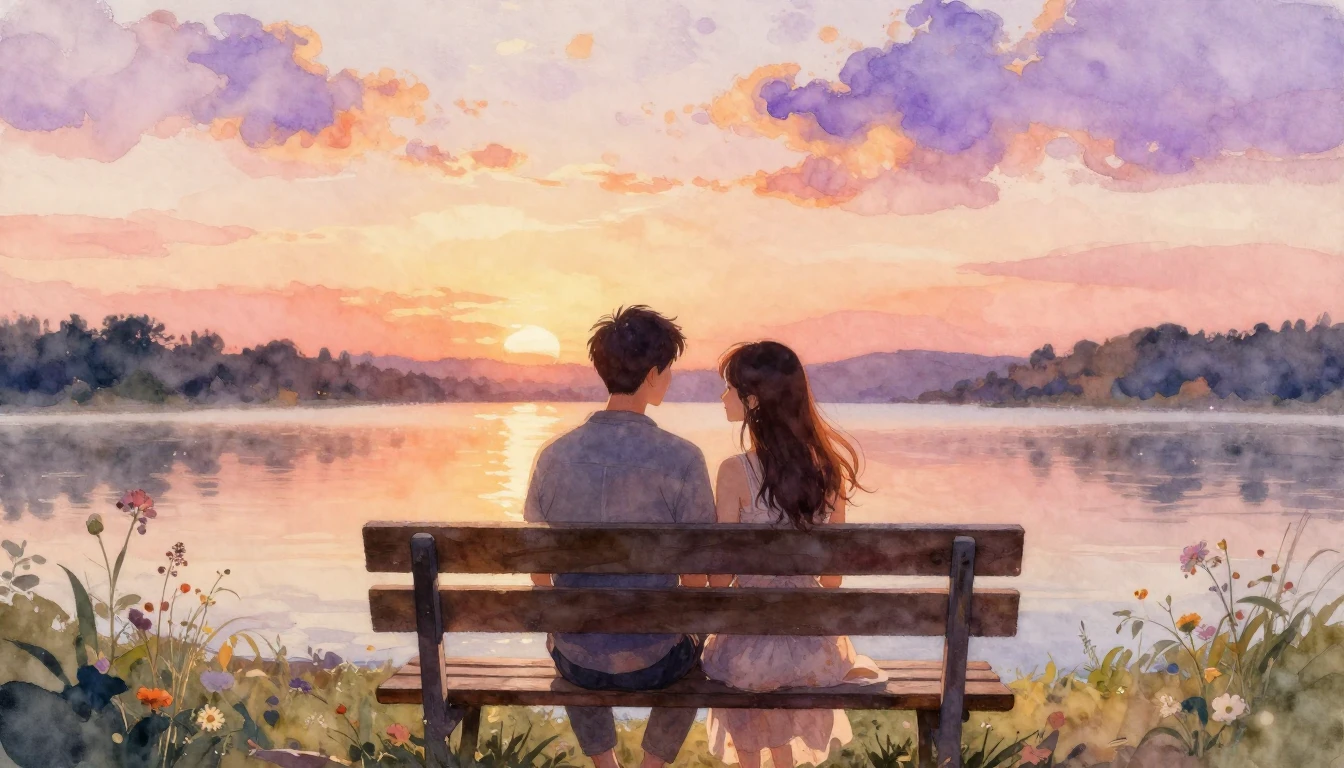 A beautiful watercolor painting of a romantic couple sitting...