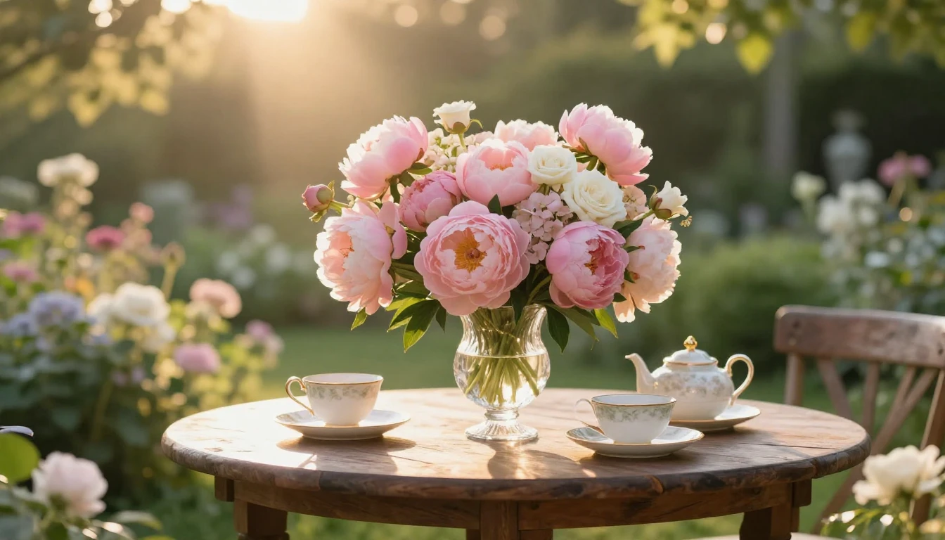 A serene and elegant scene of a sun-drenched garden patio du...