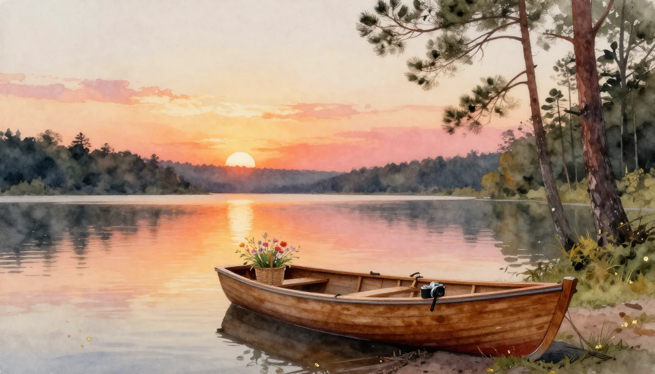 A warm and nostalgic watercolor painting capturing a serene ...