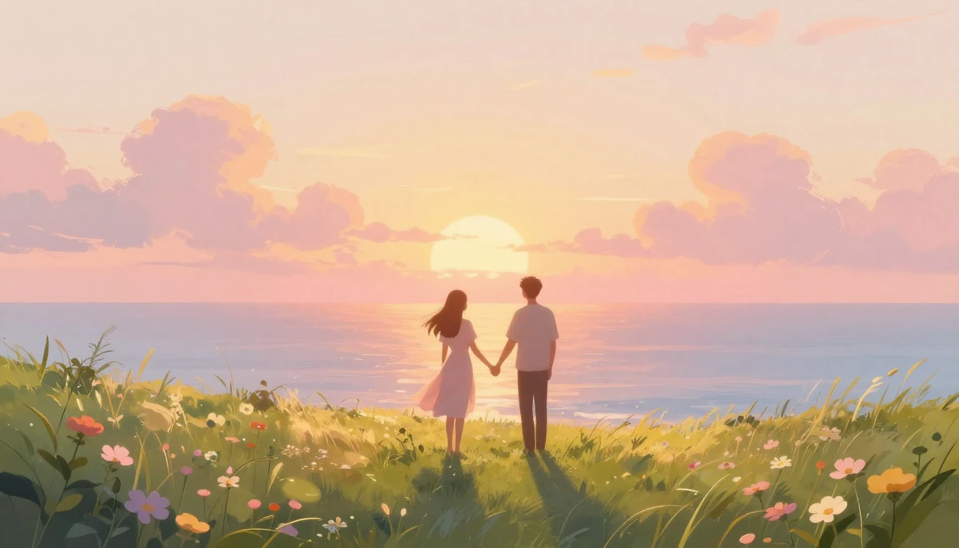 A romantic and ethereal composition featuring two stylized s...