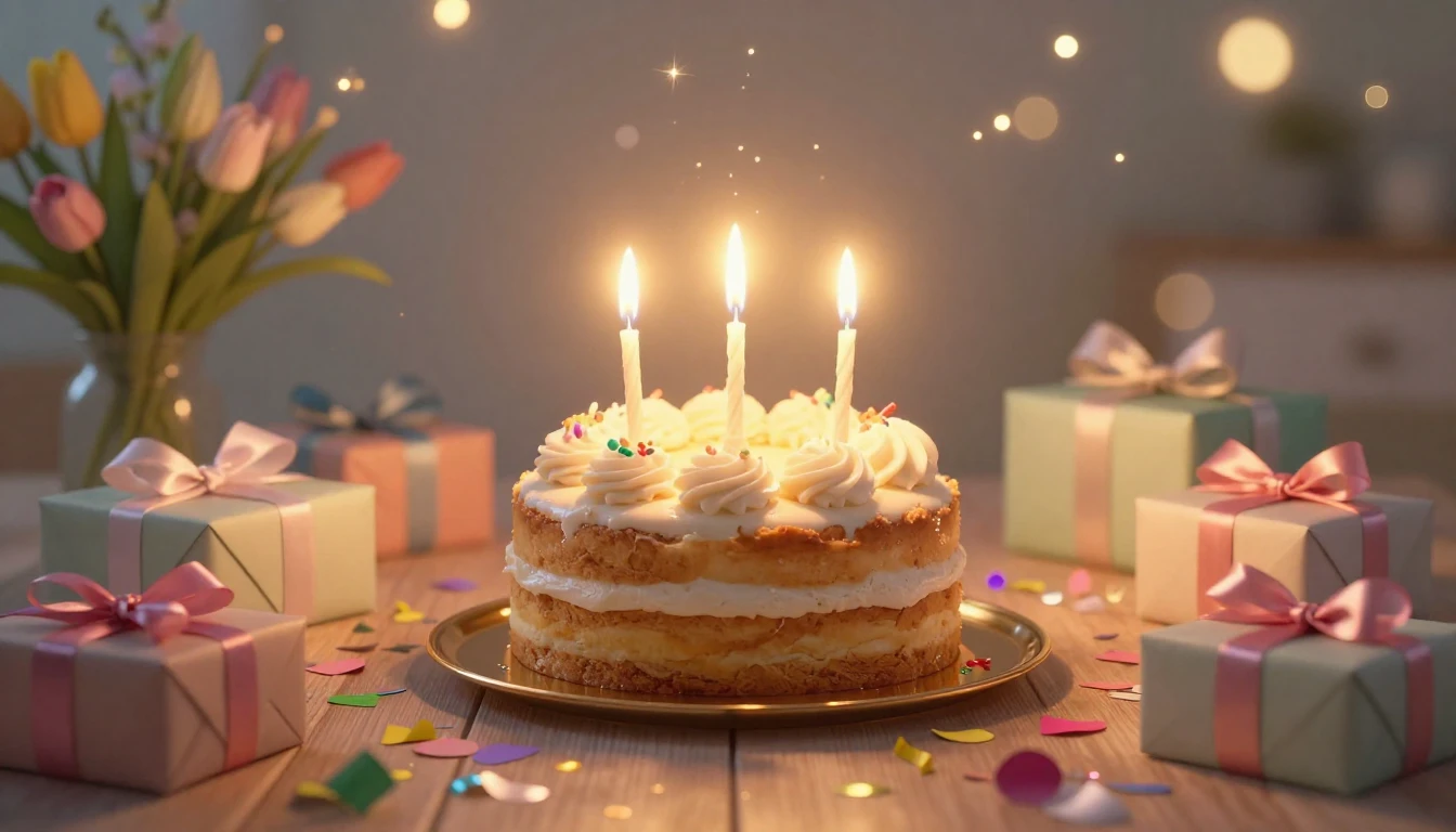 A heartwarming and festive birthday composition in a soft ar...