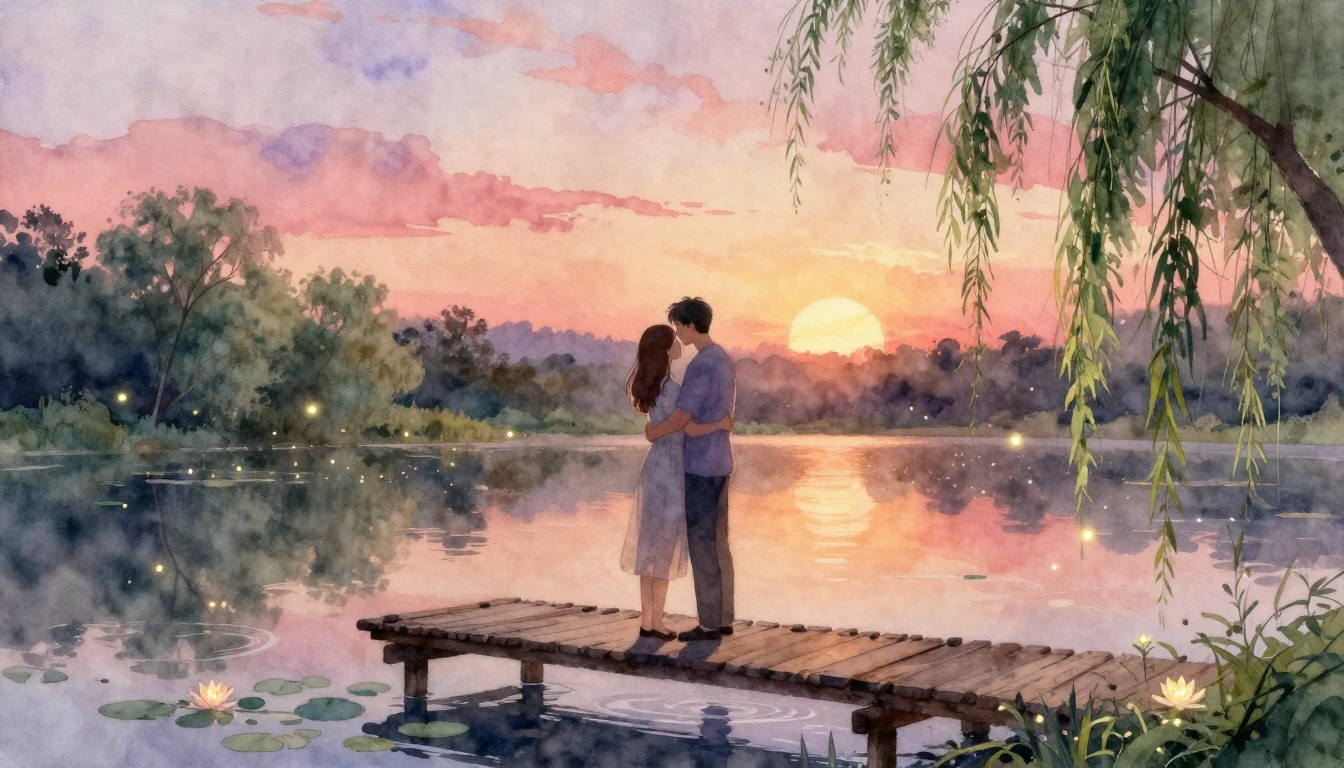A romantic watercolor painting depicting a couple standing o...