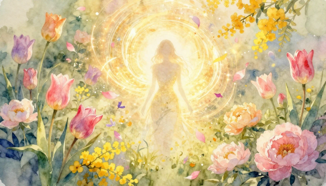 A beautiful and ethereal watercolor painting depicting a lus...