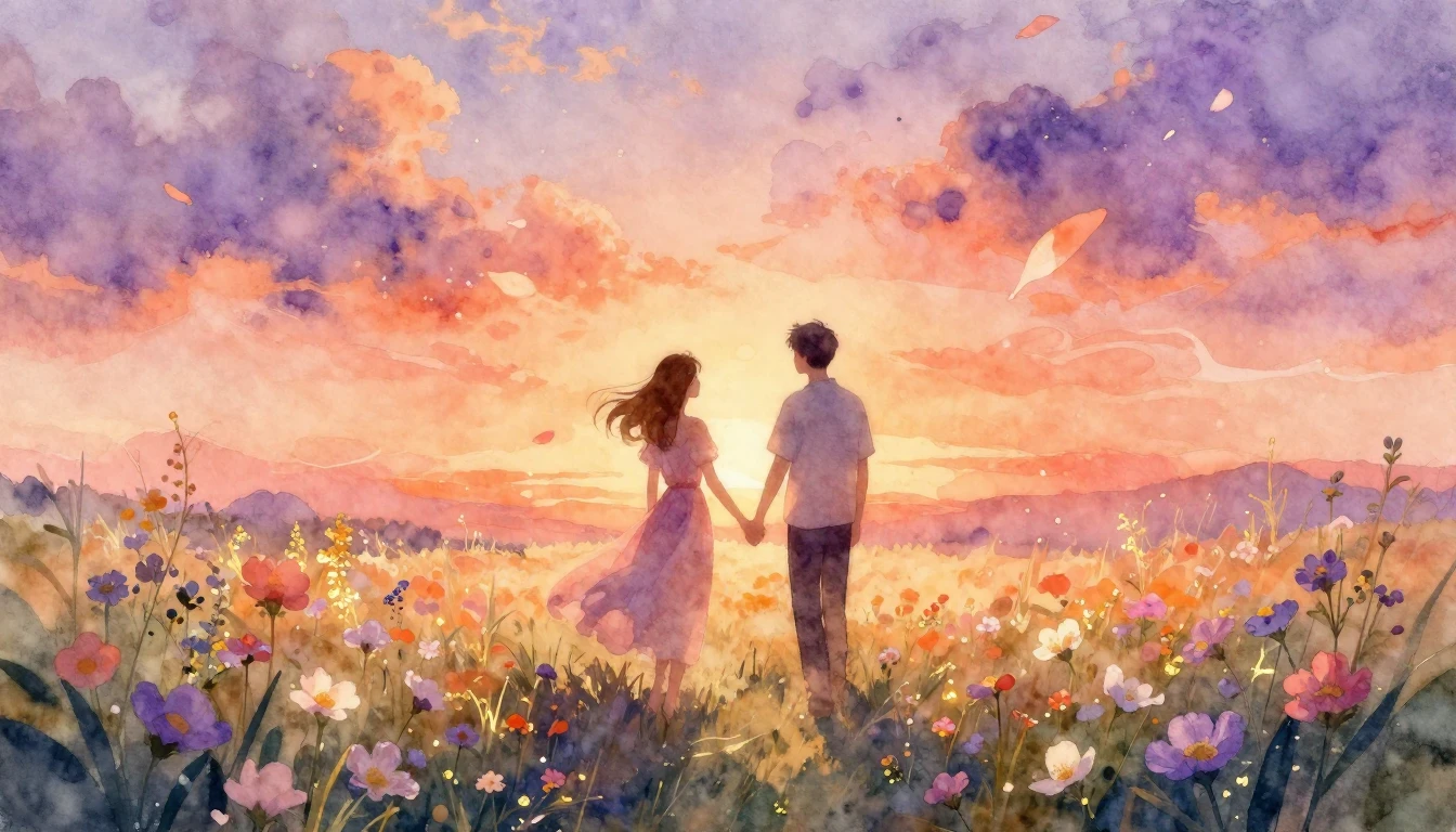 A romantic and ethereal watercolor illustration of two soft ...