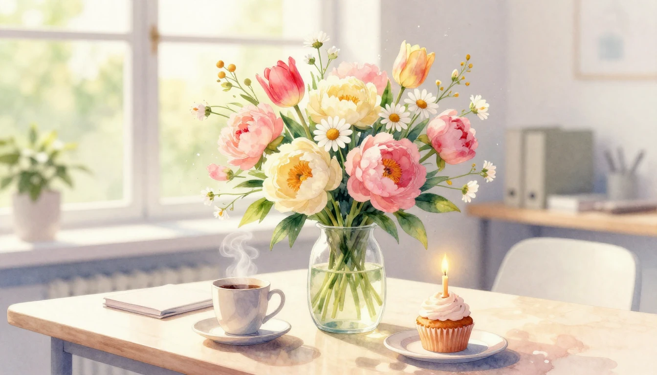 A beautiful and delicate watercolor painting of a bright, su...