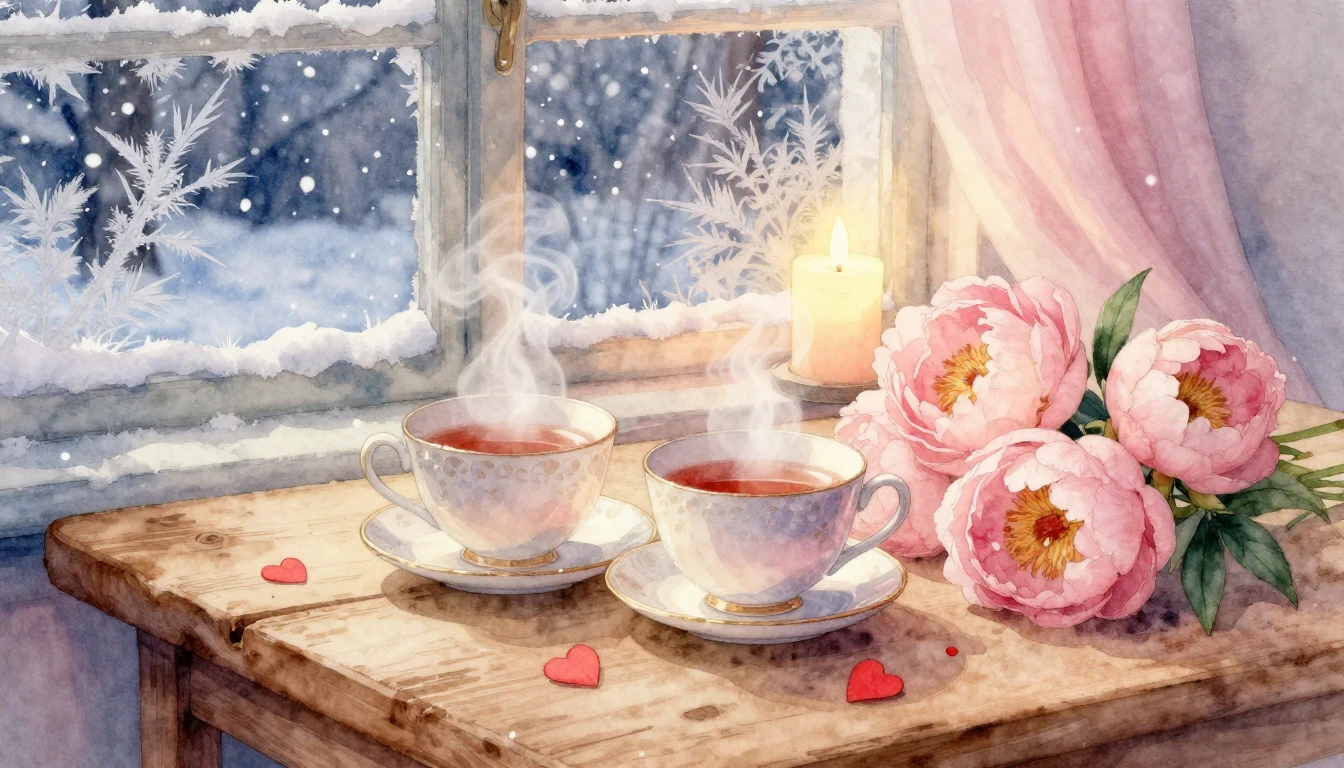 A soft and romantic watercolor painting depicting a cozy eve...