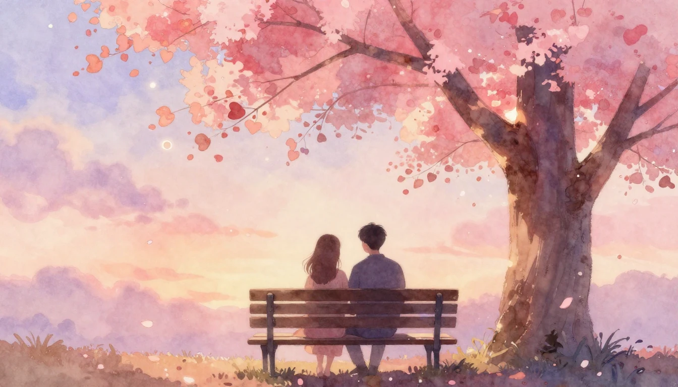 A soft and romantic watercolor painting depicting two silhou...