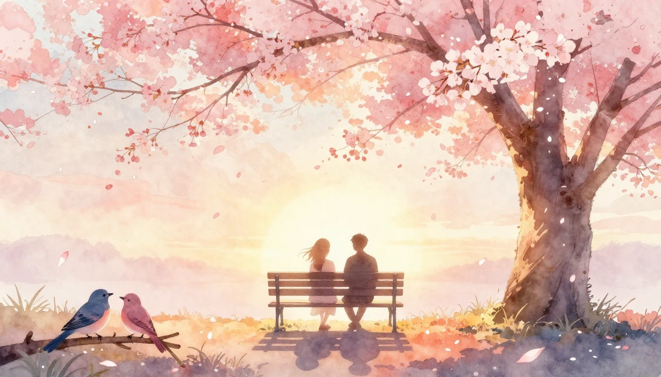 A romantic and soft watercolor painting depicting two silhou...