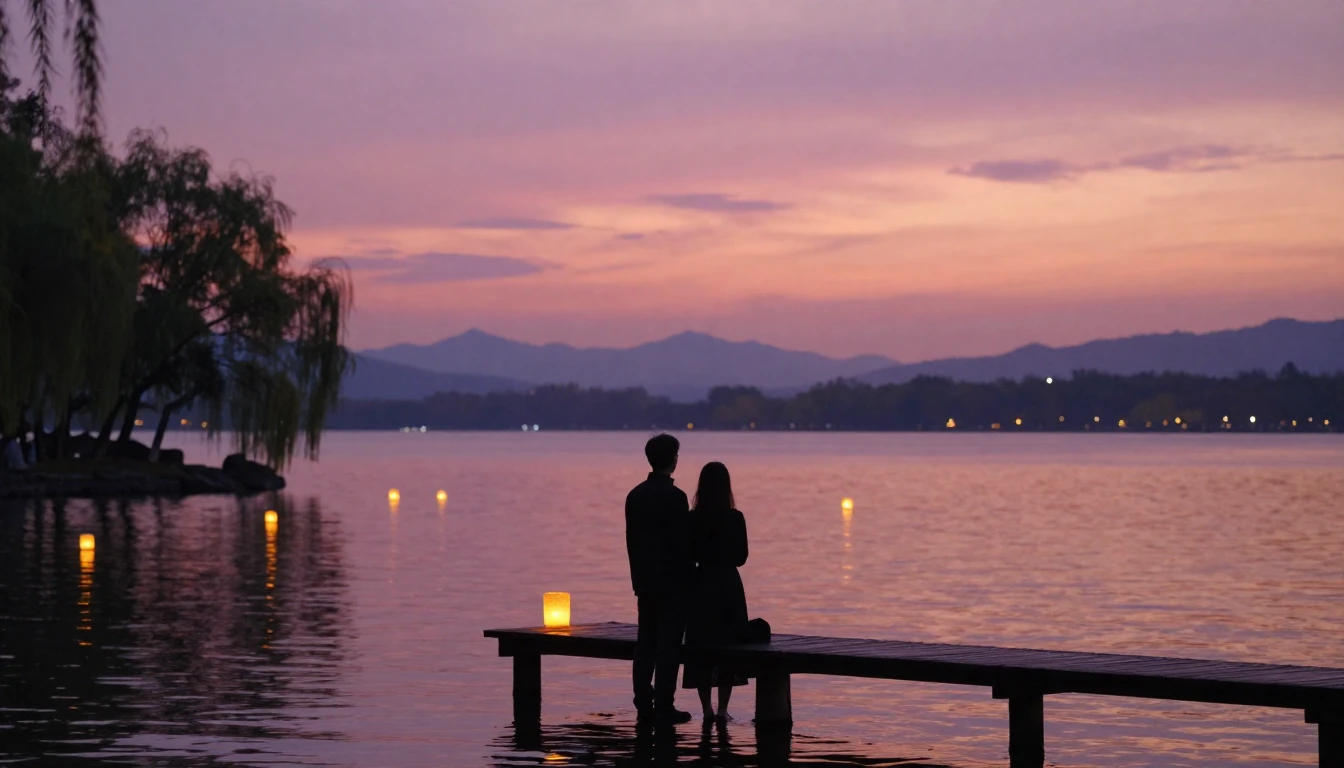 A dreamlike and romantic scene featuring two silhouettes of ...