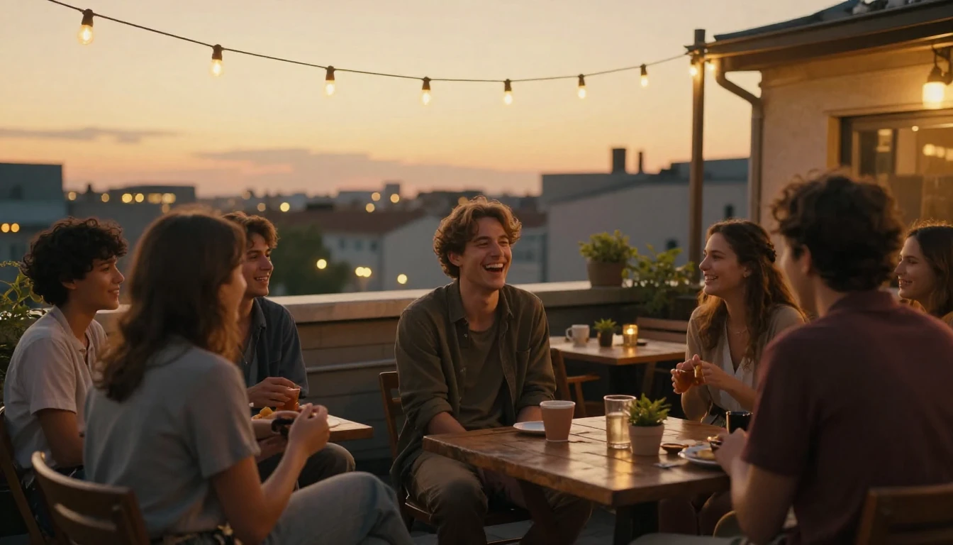 A cinematic wide shot of a group of close friends celebratin...