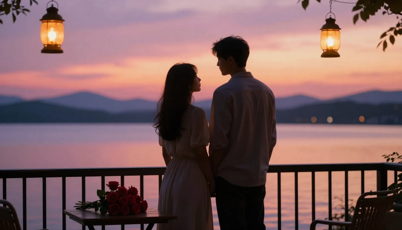 A breathtakingly romantic scene of two silhouettes standing ...