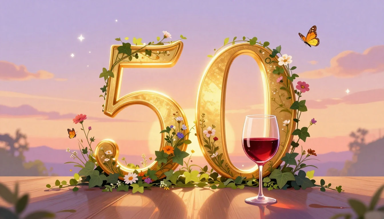 An elegant and whimsical illustration celebrating a 50th bir...