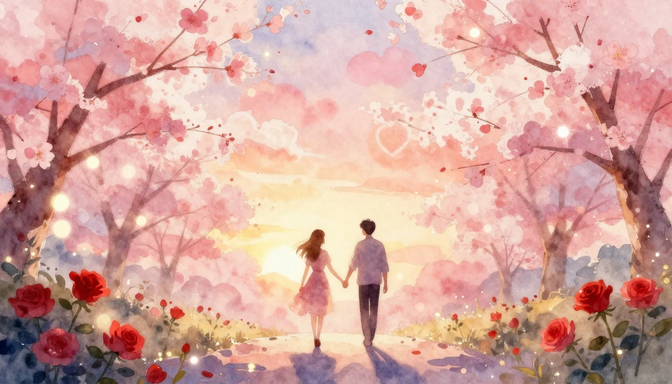 A soft and dreamy watercolor painting illustrating a romanti...